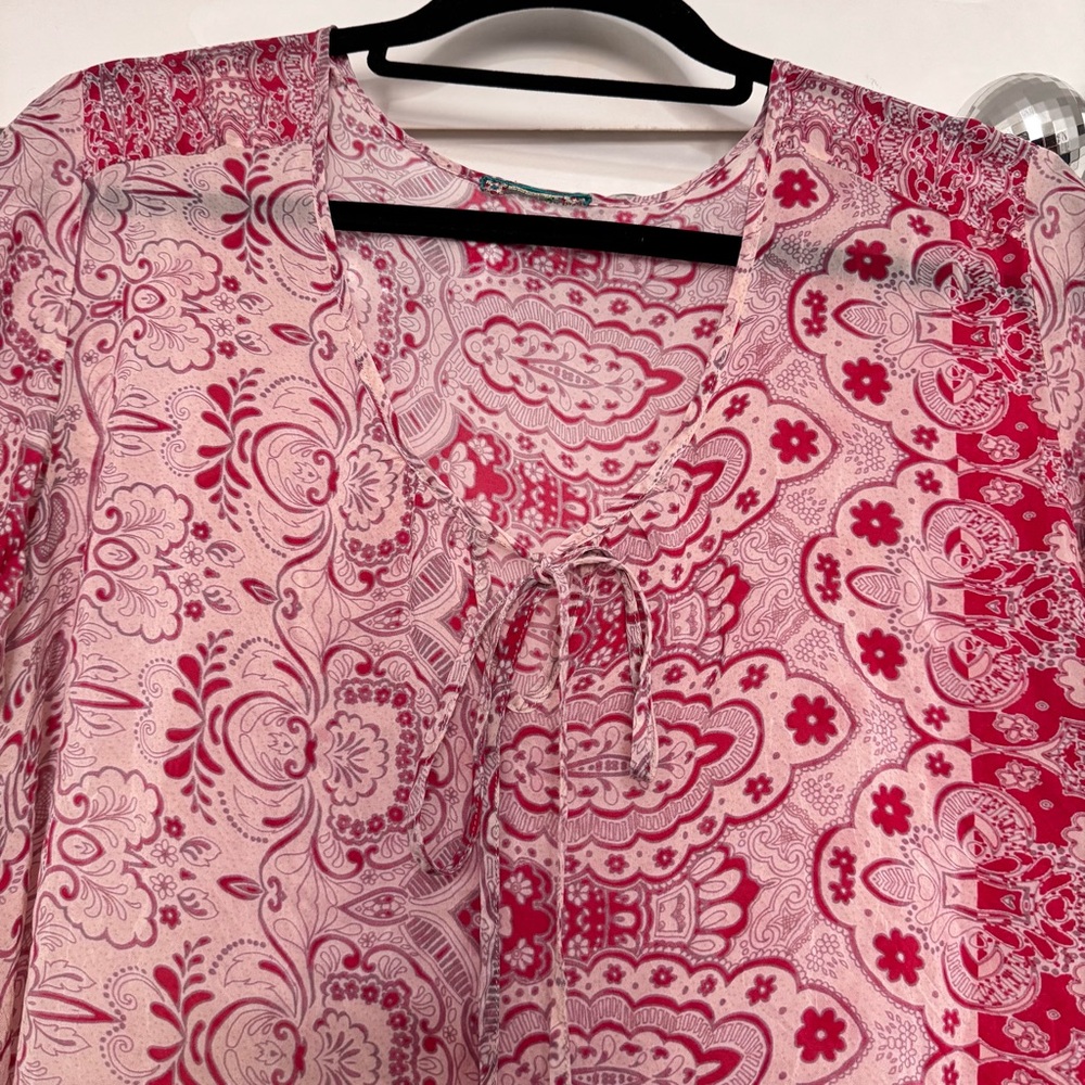 Johnny Was Sheer Pink Paisley Popover Tunic Blouse Top Cupra Rayon - Picture 2 of 5